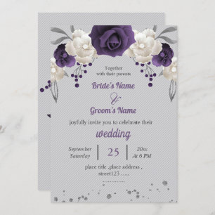 Invitation fleurs blanches violettes mariage gris botanique