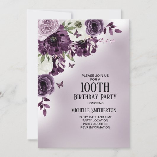 Invitation Fleurs blanches violettes Papillons 100e anniversa (Devant)