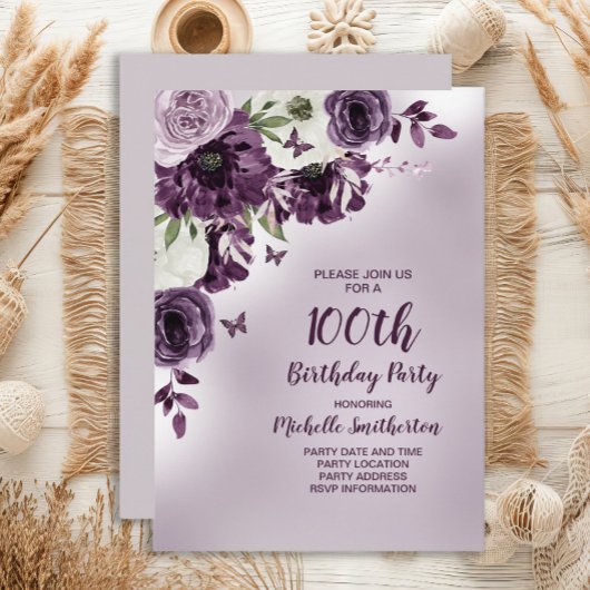 Invitation Fleurs blanches violettes Papillons 100e anniversa