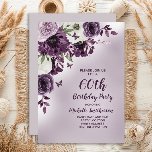 Invitation Fleurs blanches violettes Papillons 60e anniversai