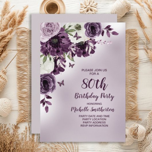 Invitation Fleurs blanches violettes Papillons 80e anniversai
