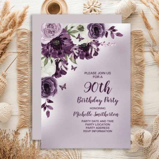 Invitation Fleurs blanches violettes Papillons 90e anniversai