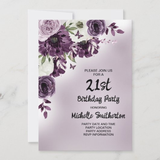 Invitation Fleurs blanches violettes Papillons Femmes 21 ans (Devant)