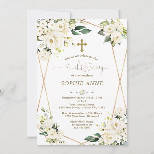 Invitation Fleurs blanches Whimsical Gold Girl Christening (Devant)