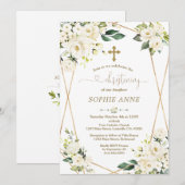 Invitation Fleurs blanches Whimsical Gold Girl Christening (Devant / Derrière)