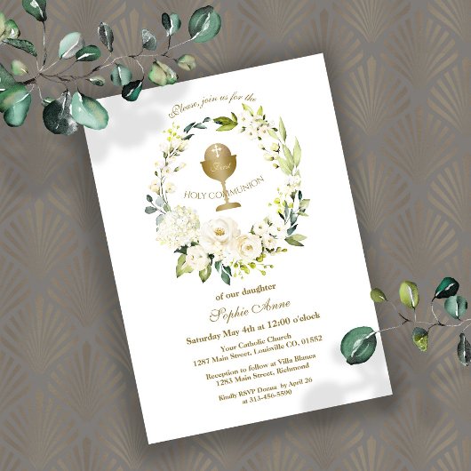 Invitation Fleurs blanches Wreath Girl First Holy Communion
