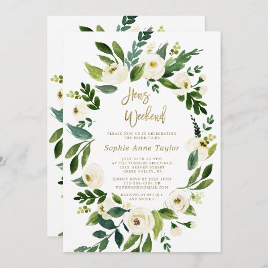 Invitation Fleurs blanches Wreath Hens Bachelorette Week-end (Devant / Derrière)