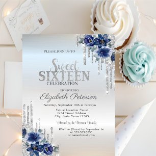 Invitation Fleurs Bleu Argent Paillettes Gouttes Douces 16 An