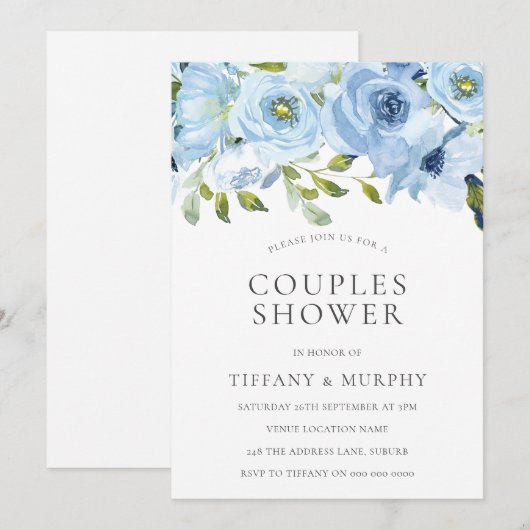 Invitation Fleurs Bleu Ciel Shower de couples (Devant / Derrière)