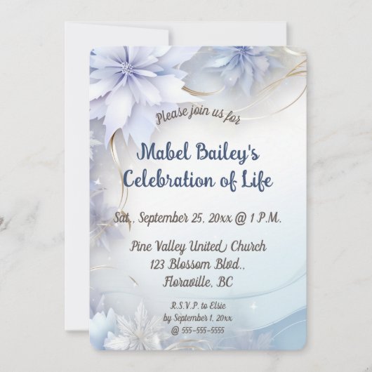 Invitation Fleurs Bleu Clair Édifiables Célébration de la Vie (Devant)