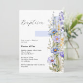 Invitation Fleurs bleu croix garçon Baptême (Debout devant)