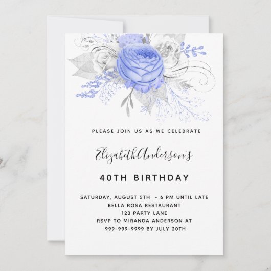Invitation Fleurs bleu d'anniversaire élégant argent blanc (Devant)