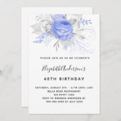 Invitation Fleurs bleu d'anniversaire élégant argent blanc (Devant / Derrière)