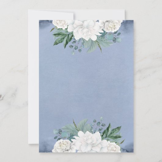 Invitation Fleurs bleu et blanc poussiéreux Élégant Mariage p (Dos)