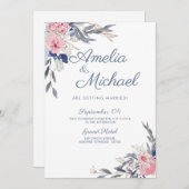 Invitation Fleurs bleu et rose marine (Devant / Derrière)