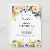 Invitation Fleurs bleu jaune Floral 60e 70e 80e anniversaire (Devant)