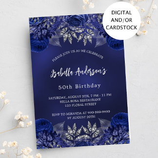 Invitation Fleurs bleu marine d'anniversaire élégant