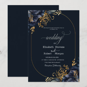 Invitation Fleurs Bleu Marine Feuilles Dorées Cadre Mariage