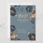 Invitation Fleurs Bleu Marine Feuilles Dorées RSVP (Devant)