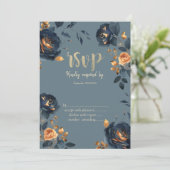 Invitation Fleurs Bleu Marine Feuilles Dorées RSVP (Debout devant)