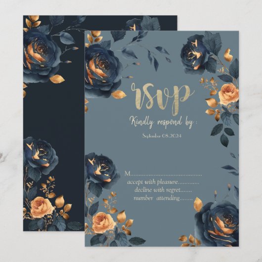 Invitation Fleurs Bleu Marine Feuilles Dorées RSVP (Devant / Derrière)