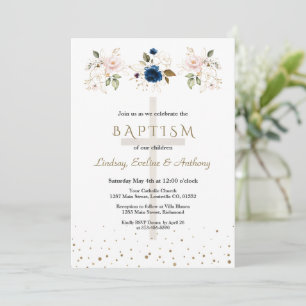 Invitation Fleurs Bleu Marine Rose Or Triplets Baptême