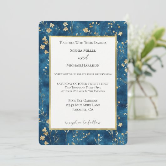 Invitation Fleurs Bleu Or Mariage (Debout devant)