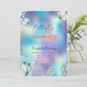 Invitation Fleurs Bleu Papillons Holographique Anniversaire (Debout devant)
