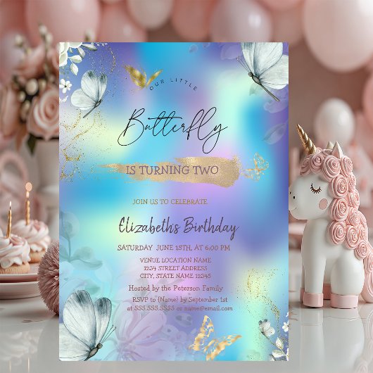 Invitation Fleurs Bleu Papillons Holographique Anniversaire