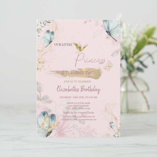 Invitation Fleurs Bleu Papillons rose Anniversaire (Debout devant)
