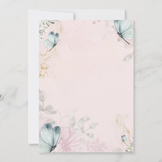 Invitation Fleurs Bleu Papillons rose Anniversaire (Dos)