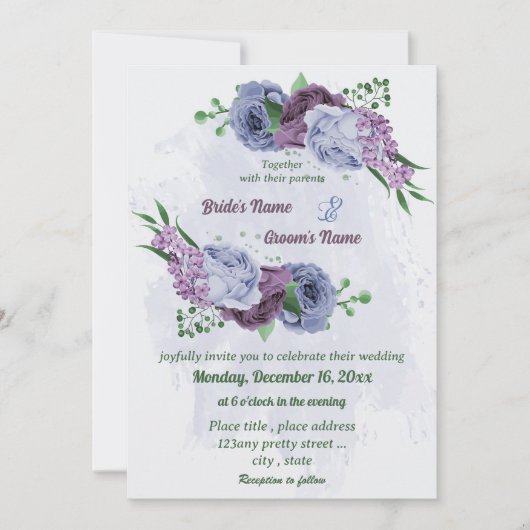 Invitation Fleurs bleu pourpre vert feuille mariage (Devant)