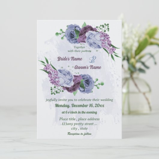 Invitation Fleurs bleu pourpre vert feuille mariage (Debout devant)