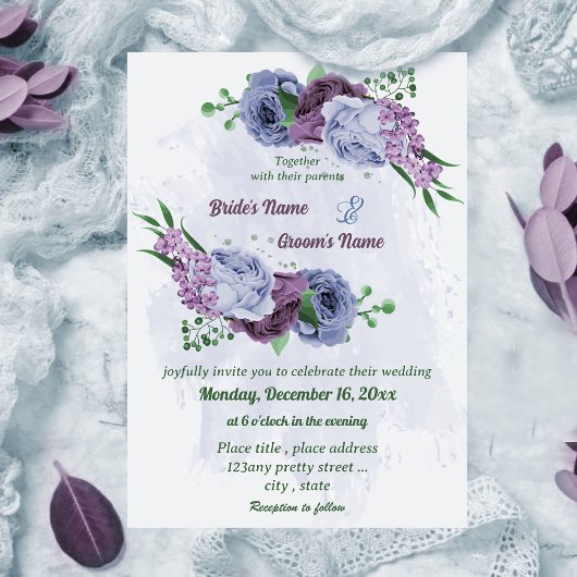 Invitation Fleurs bleu pourpre vert feuille mariage