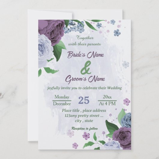 Invitation Fleurs bleu pourpre vert feuille mariage (Devant)