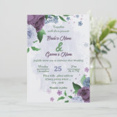 Invitation Fleurs bleu pourpre vert feuille mariage (Debout devant)
