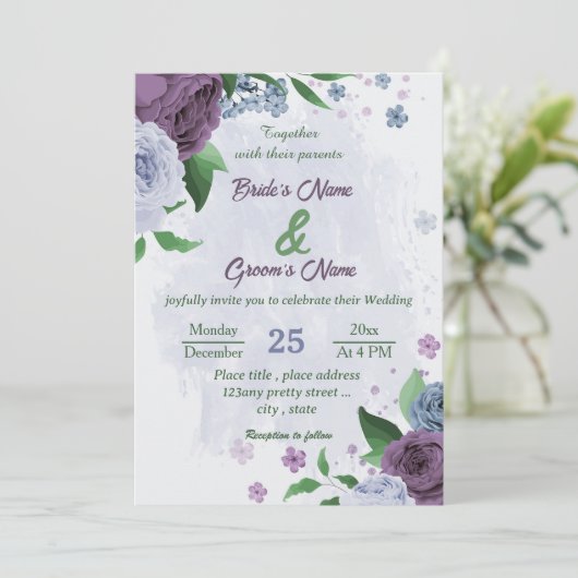 Invitation Fleurs bleu pourpre vert feuille mariage (Debout devant)