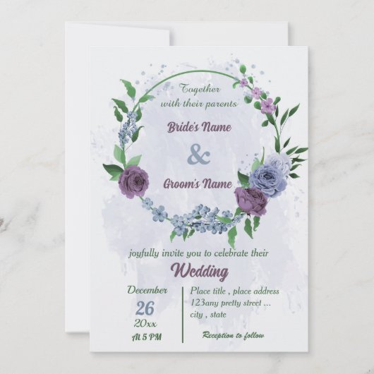 Invitation Fleurs bleu pourpre vert feuille mariage (Devant)