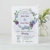 Invitation Fleurs bleu pourpre vert feuille mariage (Debout devant)