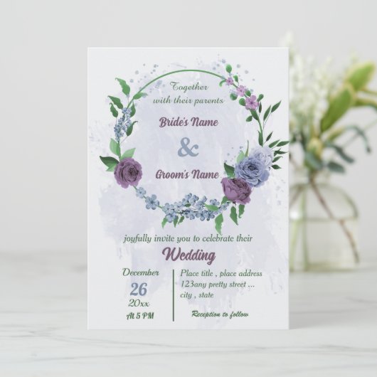 Invitation Fleurs bleu pourpre vert feuille mariage (Debout devant)