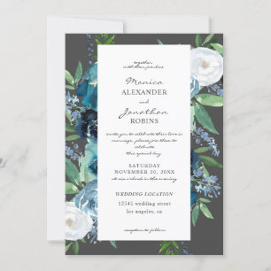 Invitation Fleurs Bleu Poussiéreux 2 Gris pour Mariage
