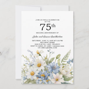 Invitation Fleurs Bleu Poussiéreux Marguerites Blanches 75e A