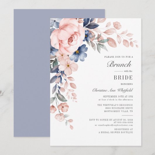 Invitation Fleurs bleu rose Aquarelle Florale Bridal Brunch (Devant / Derrière)