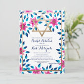 Invitation Fleurs bleu rose Feuille Bat mitzvah Nom hébreu (Debout devant)