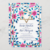 Invitation Fleurs bleu rose Feuille Bat mitzvah Nom hébreu (Devant / Derrière)