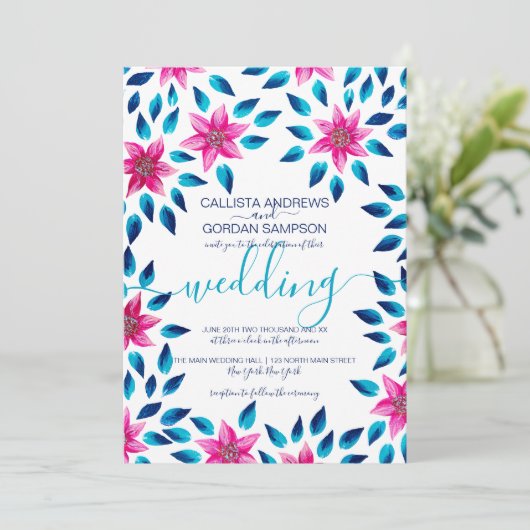Invitation Fleurs bleu rose Feuille Mariage de peinture acryl (Debout devant)