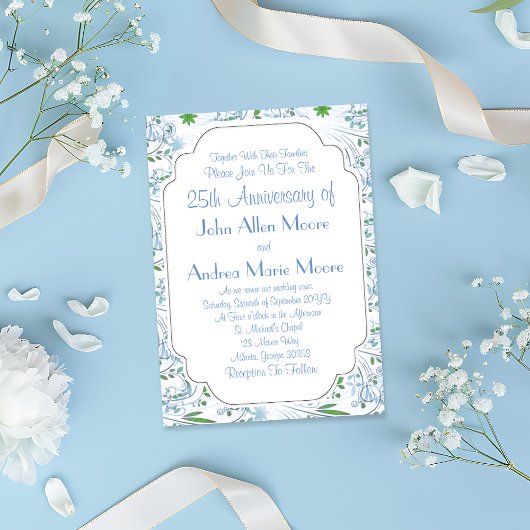 Invitation Fleurs Bleu Vert 25e Anniversaire
