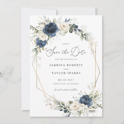 Invitation Fleurs Bleu Vert Or Mariage Enregistrer La Date (Devant)