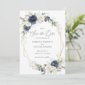 Invitation Fleurs Bleu Vert Or Mariage Enregistrer La Date (Debout devant)