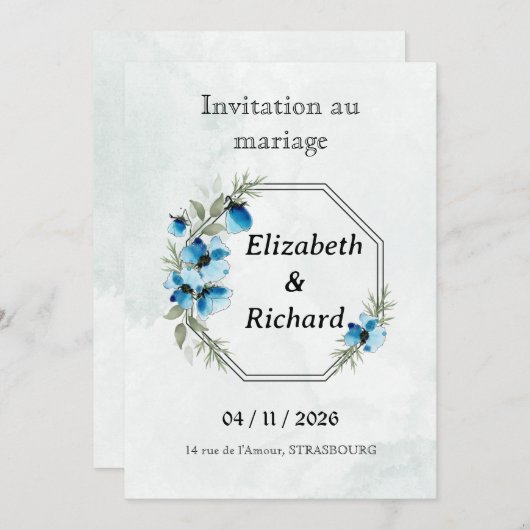Invitation "Fleurs bleues" (Devant / Derrière)